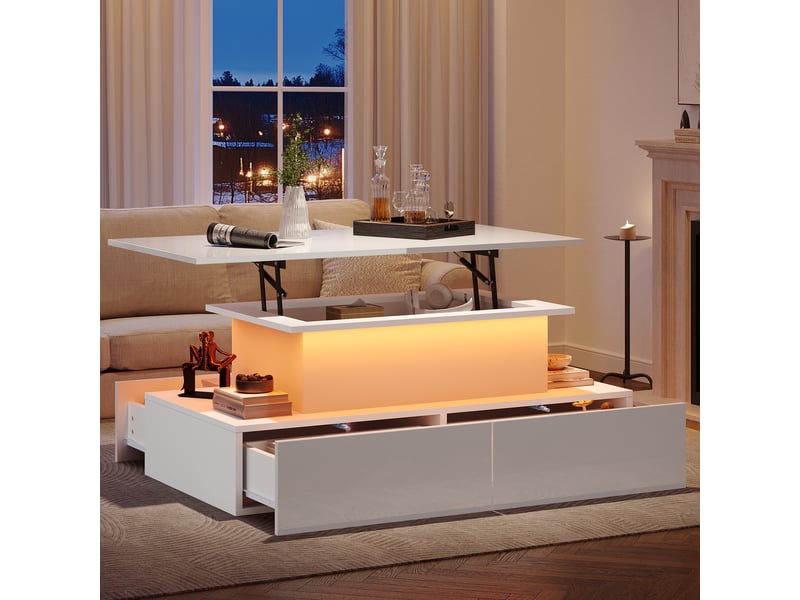  Table basse led 90x55x41 cm avec plateau relevable et rangement caché, table de salon à 4 tiroirs sans poignées, panneau de particules, blanc brillant OPULERANE TRADING LTD - Conforama D