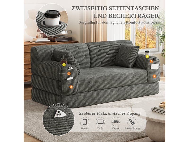 Canapé droit convertible 2 places en velours côtelé gris foncé 168x80x81 cm, compressé, avec poches et porte-gobelets 168x80x81cm - Conforama R