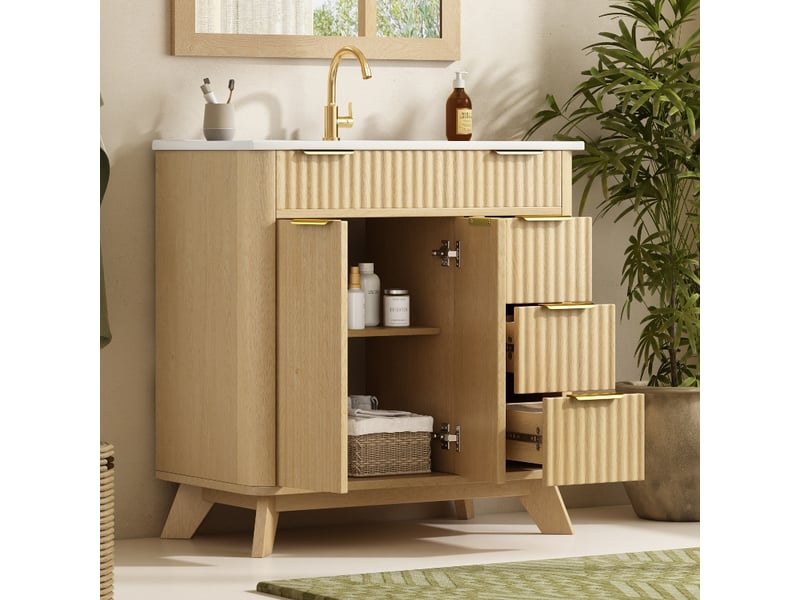 Meuble salle de bain 81 cm sur pied avec vasque en céramique, 3 tiroirs et portes, bois naturel - Conforama D