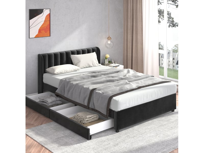  Lit 160 x 200 cm en velours noir avec sommier à lattes, tête de lit et 2 tiroirs  - Conforama C