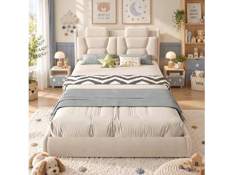  Lit 2 places enfant voiture 140x200 cm en flanelle beige crème avec roues lumineuses  - Conforama B