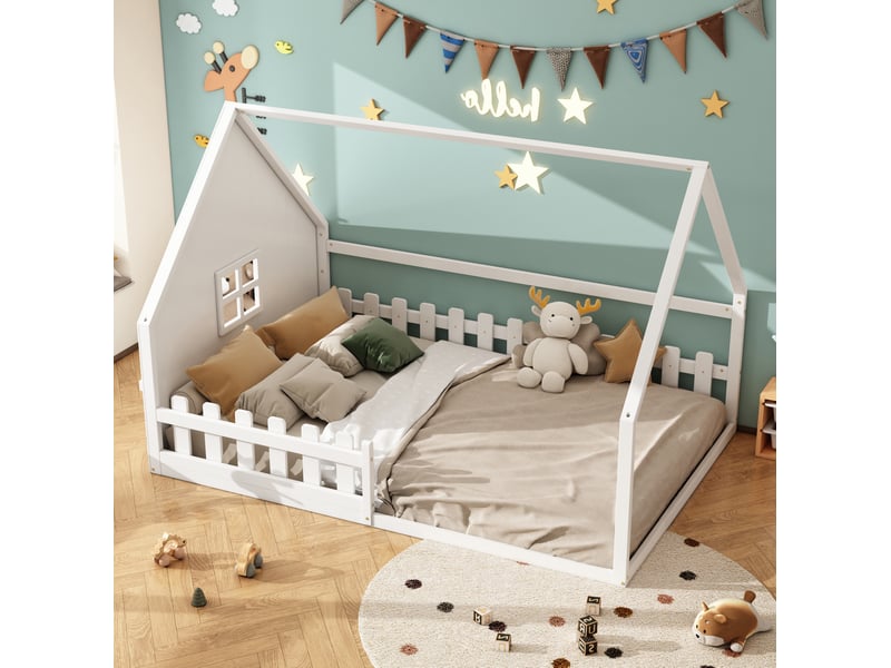 Lit enfant cabane 140 x 200 cm blanc avec barrières - Conforama B