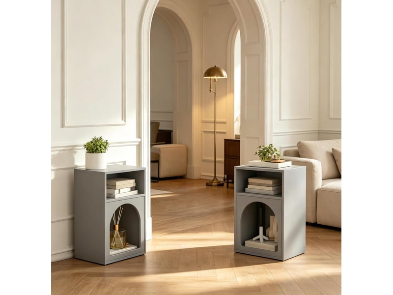 Tables de chevet tcqpz lot de 2 40 x 30 x 60 cm rangements ouverts mdf gris design arrondi  - Conforama D