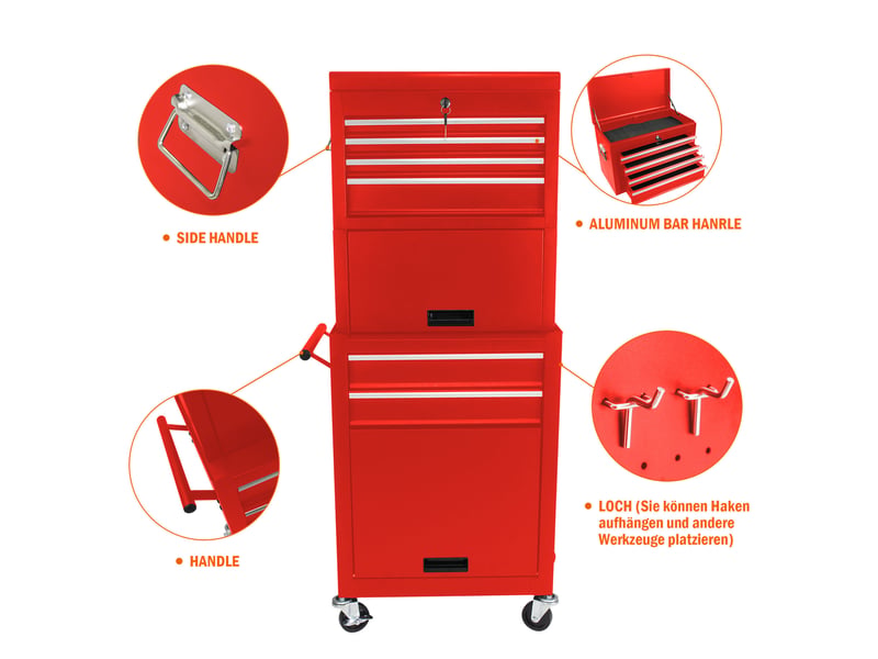 Servante à outils 6 tiroirs 60 x 33 x 110 cm rouge en acier, rangement mobile pour atelier et garage - Conforama E