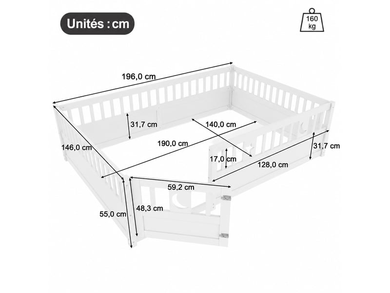  Lit enfant 140 x 190 cm avec barrières verrouillables, pin blanc et motifs étoiles et lune, sans sommier ni matelas  - Conforama C