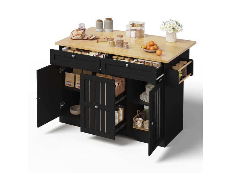 Îlot de cuisine mobile avec plan de travail extensible, chariot de service et armoire de rangement, tiroirs verticaux à deux niveaux, 2 grands tiroirs et roues à verrouillage, 120 × 45 (70) × 92 cm  - Conforama B