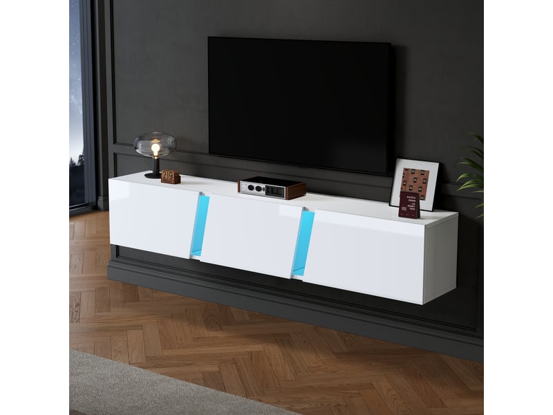  Meuble tv mural avec 3 portes, 5 compartiments et led pour salon 180×35×30 cm en panneaux de particules blanc  - Conforama B