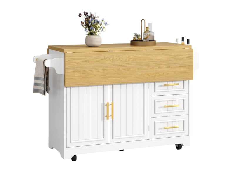  Desserte de cuisine 120x4080x95 cm, plan extensible, portes à motif vertical, 3 tiroirs, roulettes, mdf métal, blanc  - Conforama A