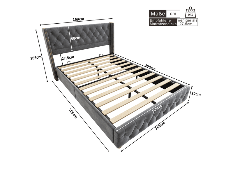 Lit adulte 160x200 cm, tête de lit, design capitonné à boutons, sommier, velours gris, sans matelas - Conforama C