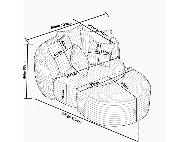  Fauteuil avec pouf rond sans pieds, dossier enveloppant, accoudoirs et cinq coussins en chenille noir  - Conforama E