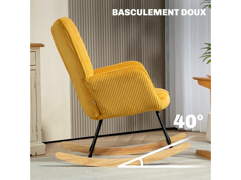  Fauteuil à bascule jaune en velours côtelé, fauteuil de relaxation pour salon et chambre, pieds en bois, charge 120 kg  - Conforama R