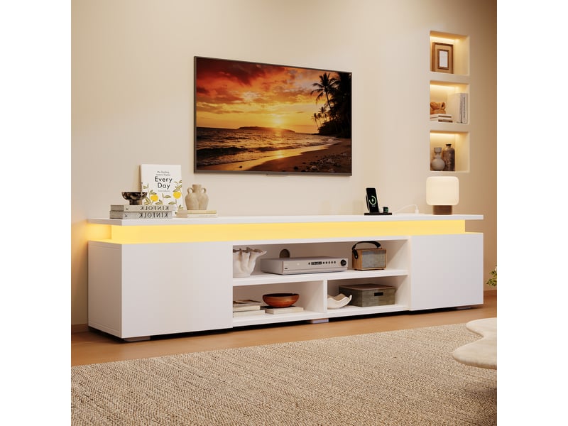 Meuble tv bas 180 x 35 x 42 cm blanc en mdf, éclairage led rgb pilotable par application et commande vocale, minuterie, portes et niches ouvertes - Conforama E