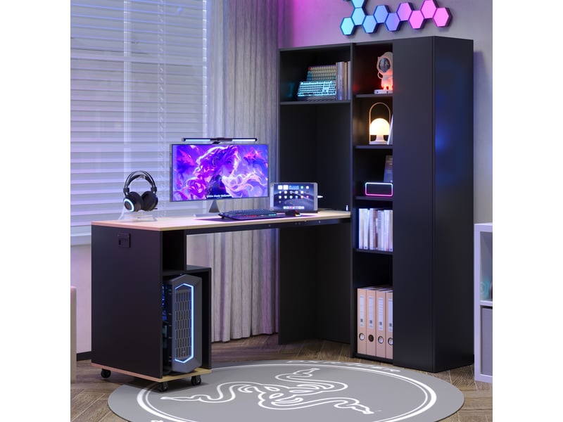  Bureau bibliothèque 2 en 1, bureau pliable avec étagères et prise usb, mdf noir et chêne, 104.5x30.5x160cm, gain de place.  - Conforama E