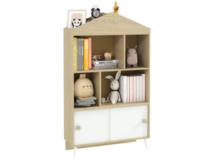 Bibliothèque enfant en bois avec étagères ouvertes et placard inférieur, 80 x 30 x 140,5 cm, blanc et bois.