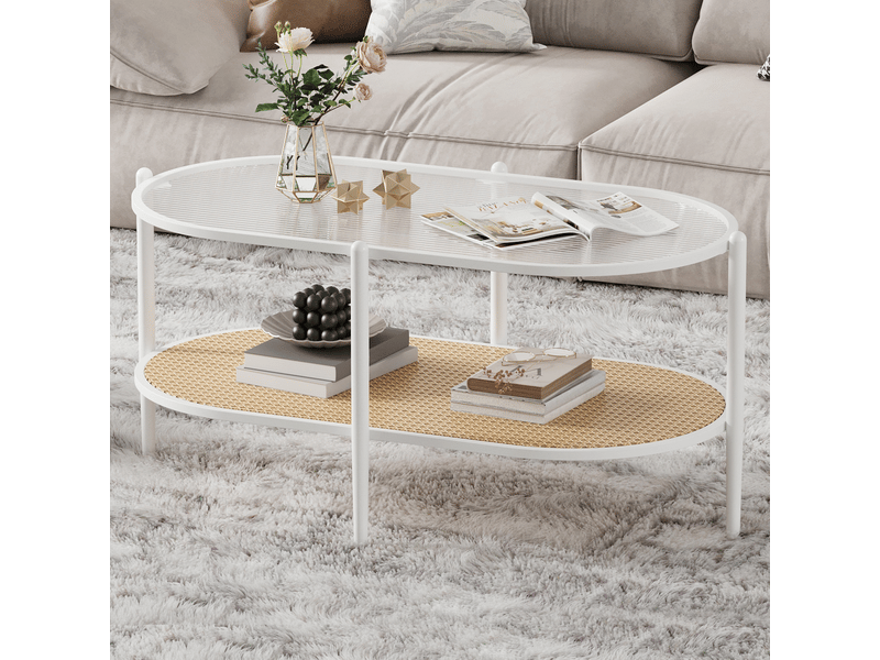  Table basse ovale en rotin - plateau en verre trempé ondulé - 2 niveaux avec étagère - cadre métal renforcé - 95 x 50 x 46 cm ，blanc PHK_346K9WCN - Conforama D
