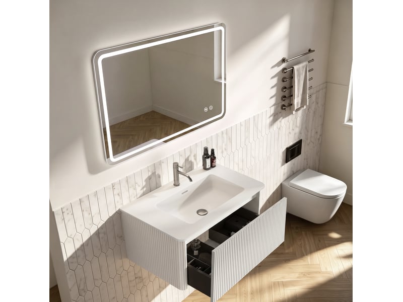 Meuble de salle de bain suspendu 81 x 46,5 cm - blanc - vasque intégrée, tiroir et miroir led réglable - Conforama B
