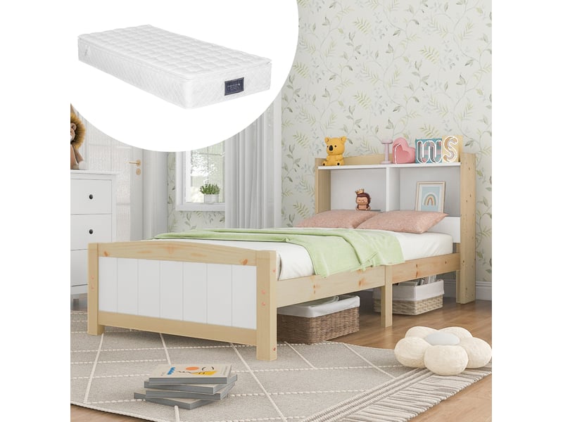  Lit simple tcqpz avec tête de lit de rangement 90 x 200 cm bois naturel et blanc  - Conforama B