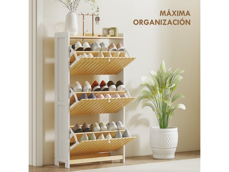  Meuble à chaussures étroit en bambou avec 3 portes, étagères à lattes, capacité ajustable pour 18 paires de chaussures, blanc et naturel  - Conforama E