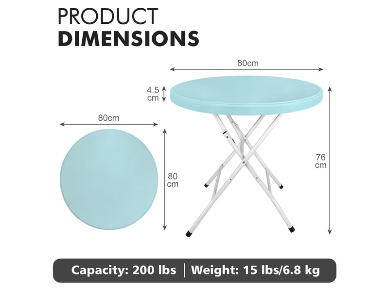  Table à manger plateau rond structure pliante installation facile usage intérieur et extérieur finition bleu clair capacité de charge de 136 kg  - Conforama C