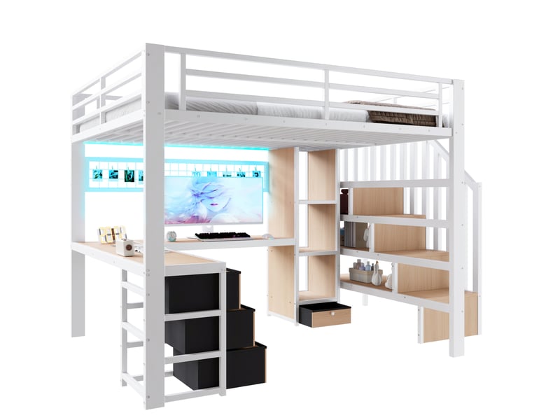 Elvmi lit mezzanine 140x200 cm en métal et mdf blanc avec bureau intégré, éclairage led contrôlable par application, étagère, 4 tiroirs, grille de rangement suspendue et escalier avec espaces de rangement - Conforama E