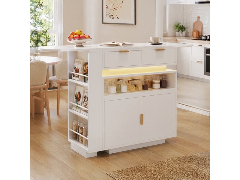  Desserte de cuisine extensible avec rangement, led et plateau tournant en mdf 115–183×40×99,5 cm blanc  - Conforama B