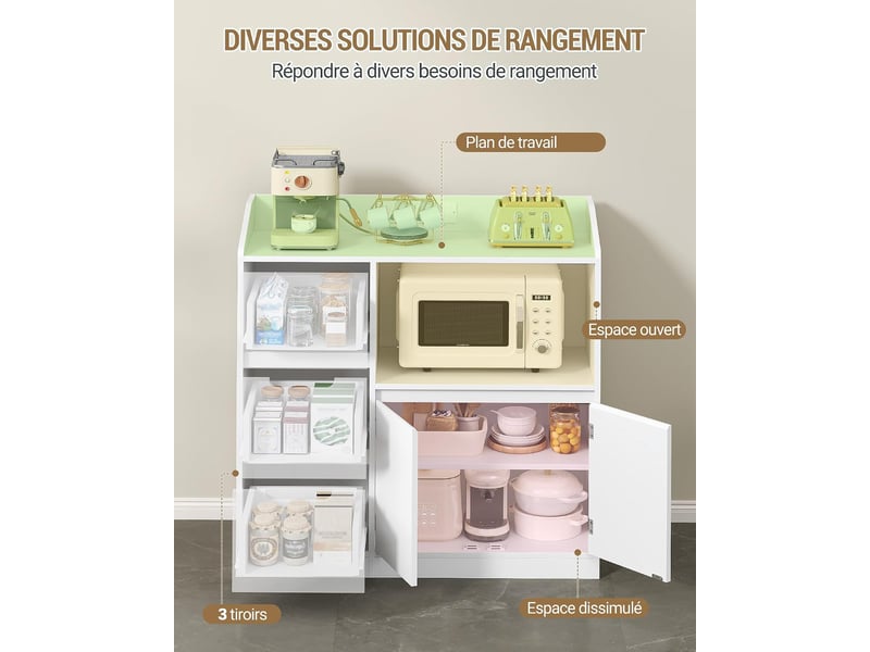 Meuble cuisine,avec plan, travail étagère pour micro-ondes, prise, 3 tiroirs et 2 portes,blanc - Conforama D