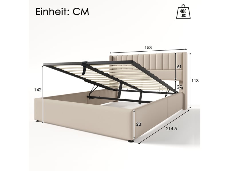 Lit coffre hydraulique 140x200 cm en lin, lit rembourré avec tête de lit capitonnée, sommier à lattes et rangement sous lit - beige (sans matelas) - Conforama E