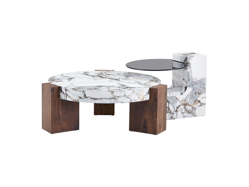 Table basse ronde avec table d'appoint séparable, plateaux effet marbre et verre gris, pour salon, en mdf blanc - Conforama A