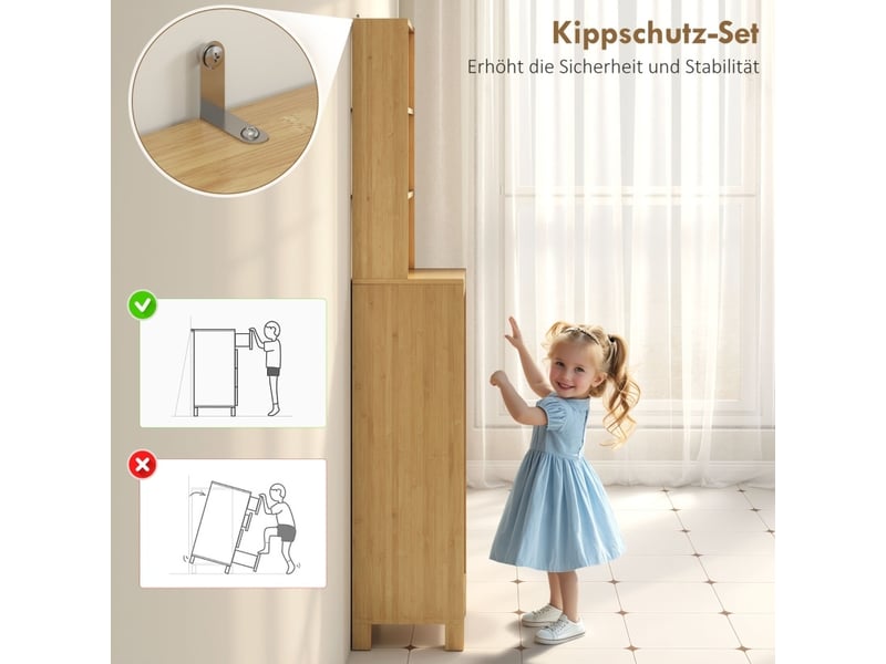  Armoire de salle de bain étroite 34x30x170 cm, porte persienne, bambou, naturel  - Conforama E