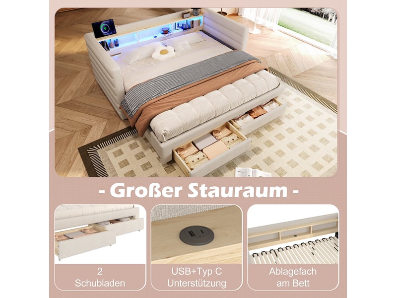  Lit gigogne 90x190 cm led usb type-c, mdf, velours beige sans matelas  - Conforama C