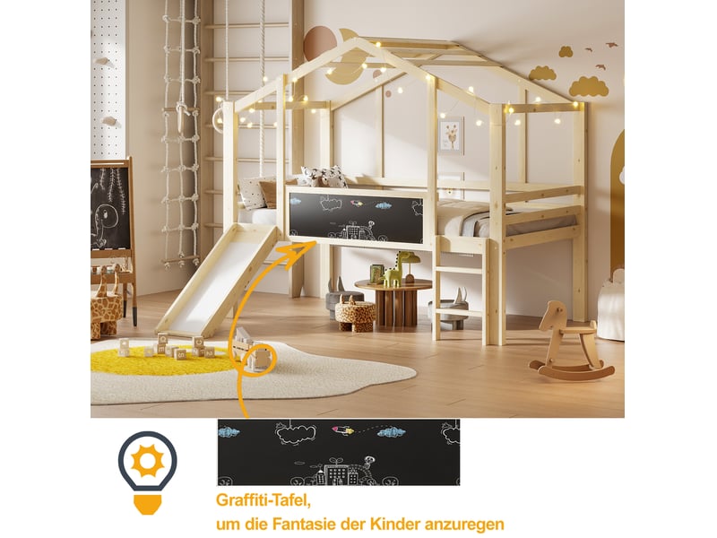  Lit mezzanine enfant 90 x 200 cm avec toboggan, échelle, toit et tableau  - Conforama E