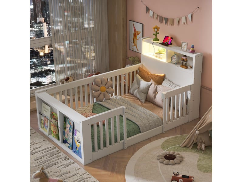  Lit enfant modenvie multifonction 90 x 190 cm avec barrière de sécurité, port usb, veilleuse et rangement, blanc  - Conforama E
