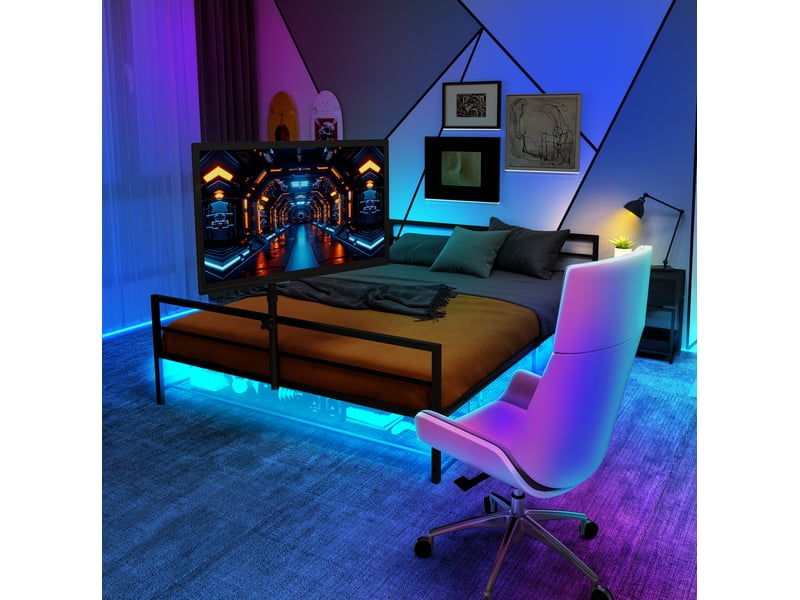  Lit simple 90x200 cm avec support écran orientable et éclairage led, structure en métal, couleur noir, sans matelas  - Conforama E