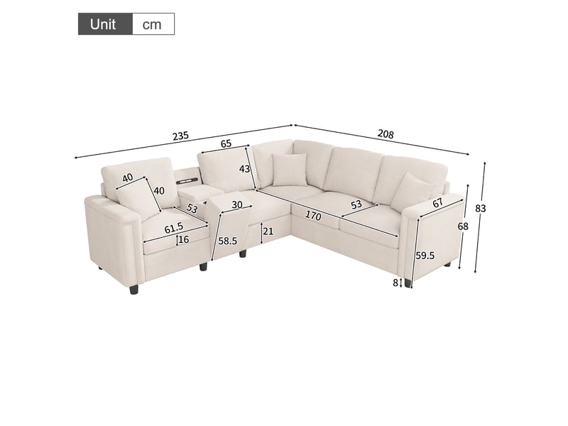  Canapé d'angle 5 places 235x208x83 cm avec rangement, porte-gobelets, ports usb et type-c, couleur beige  - Conforama C