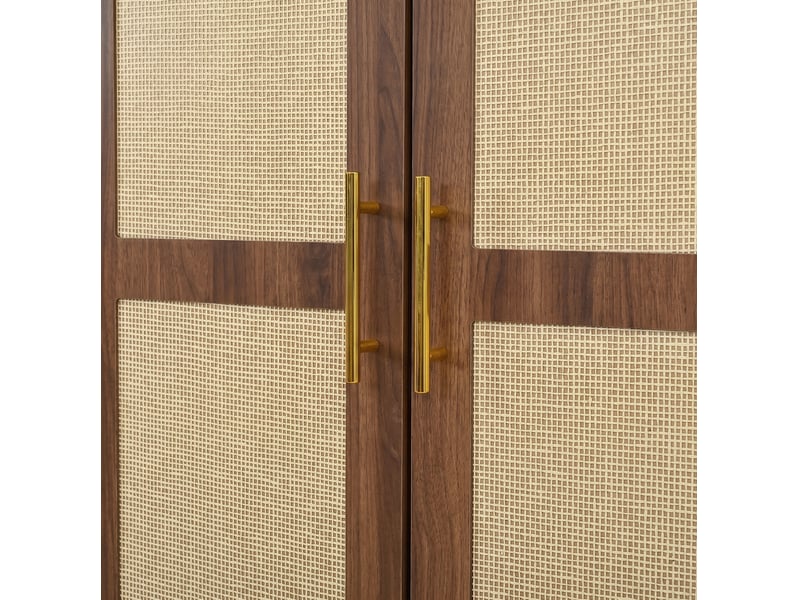 Armoire haute avec led réglable par application, 2 portes décor rotin, 2 tiroirs, noyer - Conforama E