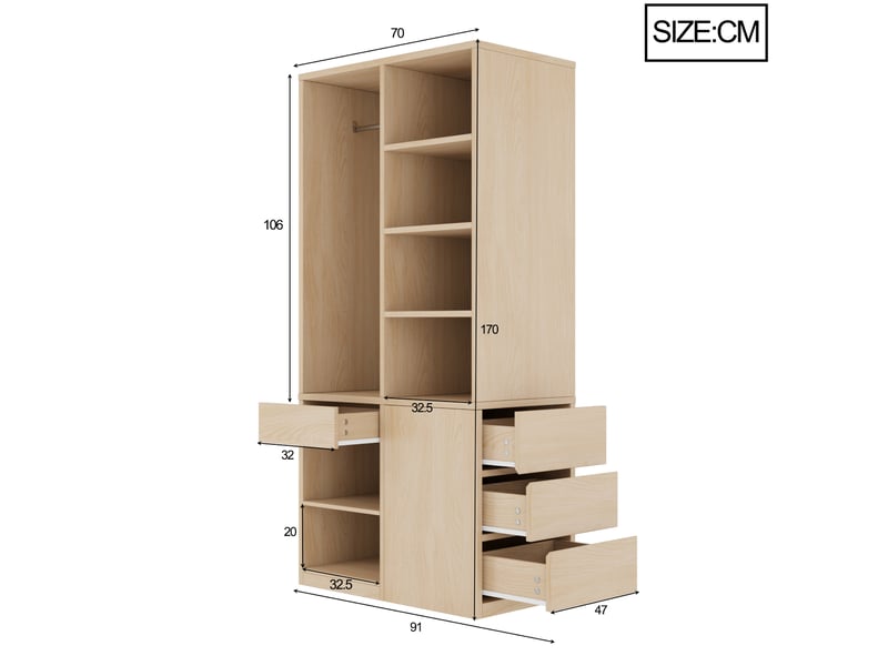 Armoire penderie 70 x 50 x 170 cm couleur bois, mdf, 3 tiroirs, étagères ouvertes et tringle en métal - Conforama C