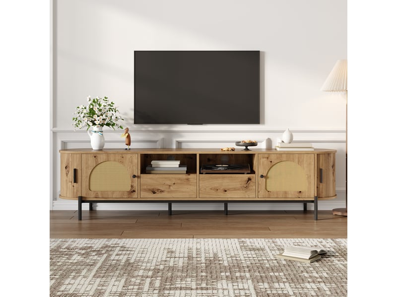  Meuble tv ovale 200x40x49.5 cm en rotin avec portes coulissantes, tiroirs, pieds métal et rangement, aspect bois - mdf - naturel Bubbly - Conforama B