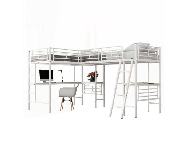  Lit mezzanine 2x90x200cm, 2xlit 1 place avec bureau, escalier, barrières et sommiers, lit en métal, blanc, sans matelas  - Conforama A
