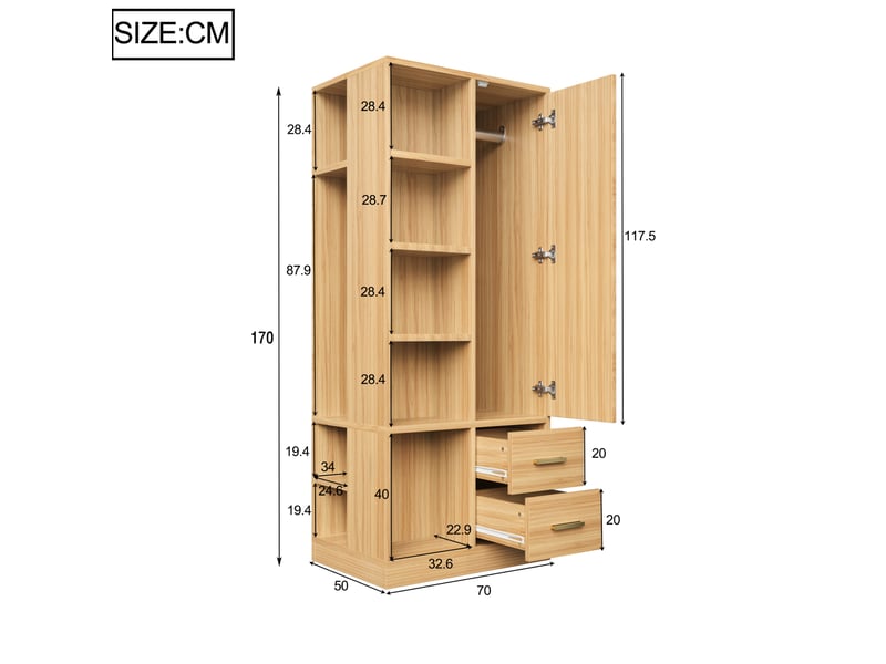  Armoire 1 porte 70x50x170 cm coloris bois clair avec 2 tiroirs  - Conforama C