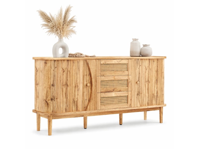  Buffet bas 2 portes coulissantes et 3 tiroirs en rotin coloris naturel 140,5 x 40 x 76 cm  - Conforama A