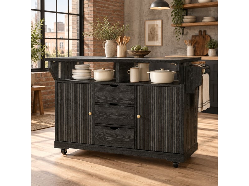  Desserte de cuisine 142,5x80x95 cm, avec 2 portes, 3 tiroirs, roulettes verrouillables et plateau extensible pliable, en mdf noir  - Conforama B