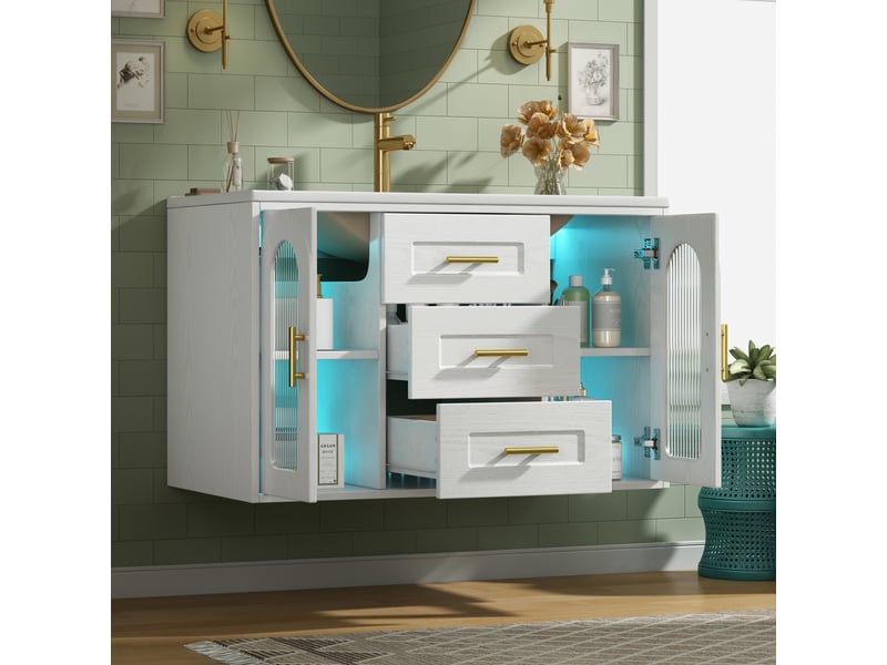 Meuble sous vasque mural avec 2 tiroirs, portes vitrées, led et étagères réglables pour salle de bain 76×46×55 cm - Conforama B