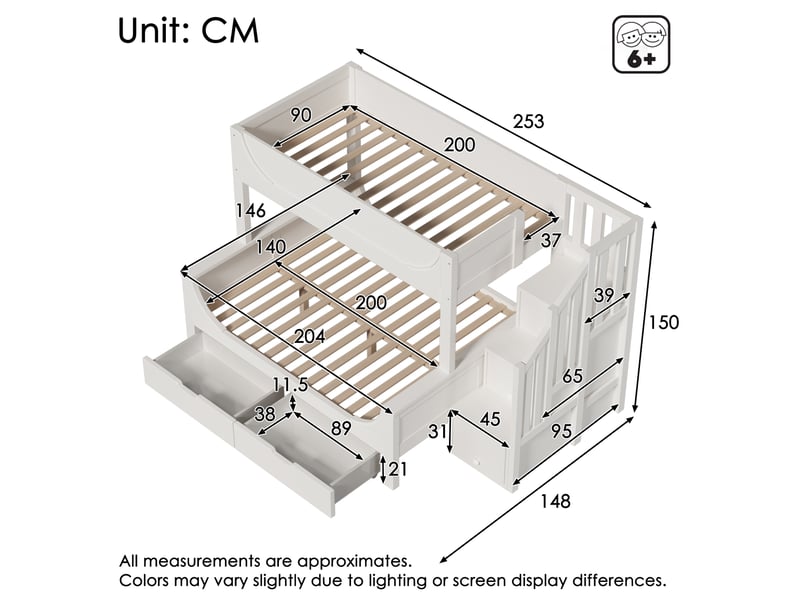  Lit enfant superposé, 253x148x150 cm, avec armoire d'escalier, tiroirs, matelas non inclus, bois et mdf, coloris blanc  - Conforama C