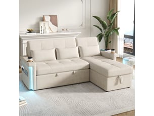 Canapé d'angle convertible 3 places 209x141,5 cm avec rangement, led, usb, dossier réglable et porte-gobelets - beige