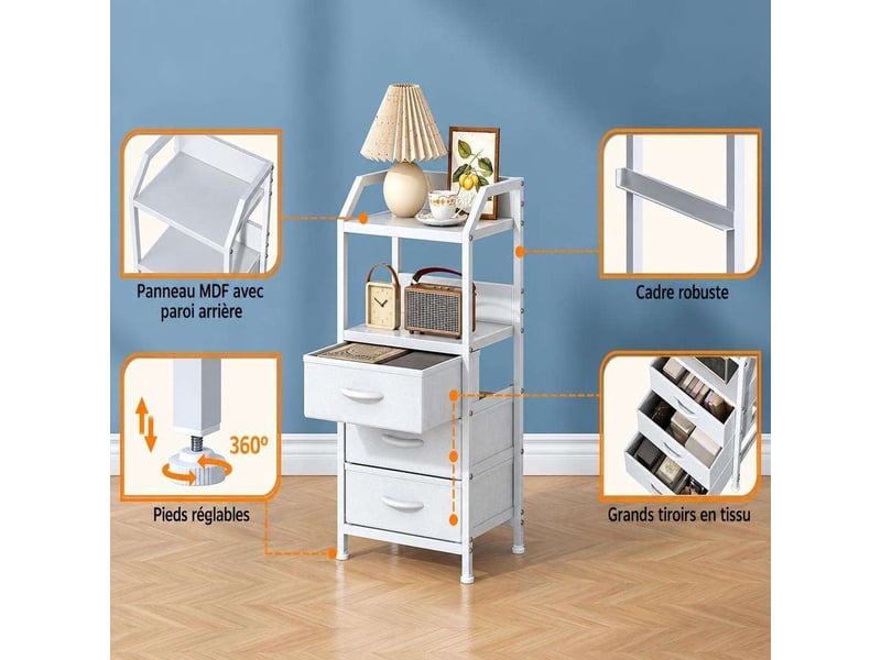  Table de chevet 40x30x75 cm trois tiroirs tissu etagere ouverte blanc pur moderne  - Conforama C