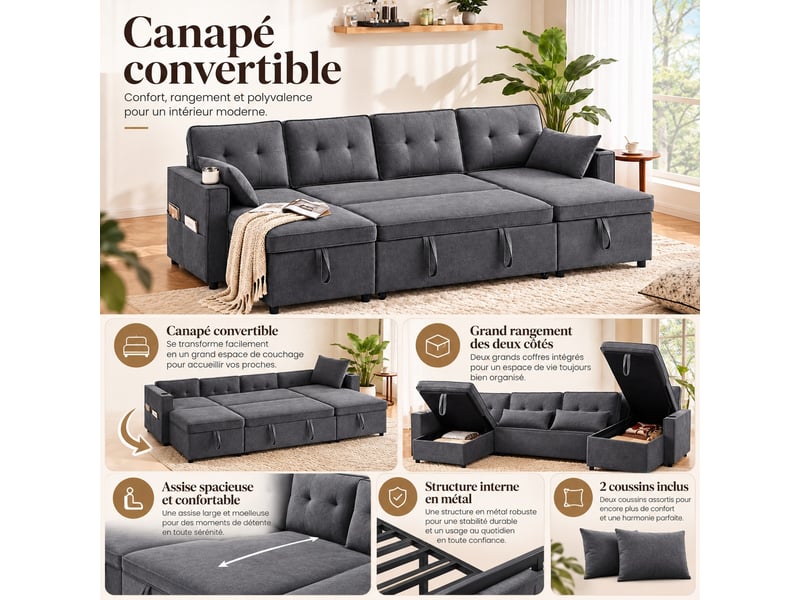  Canapé panoramique convertible 4 places avec coffres, porte-gobelets et poches latérales, tissu gris, 270 × 130 cm  - Conforama D