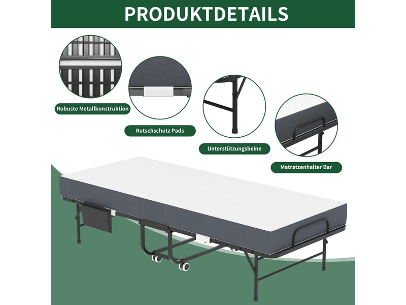  Lit pliant 190x78 cm avec matelas mémoire de forme 9,5 cm - lit d'appoint à roulettes en métal  - Conforama R