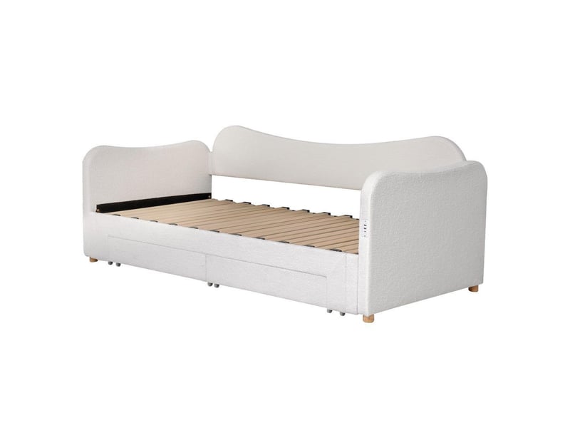 Lit banquette rembourré canapé-lit 90x200 cm extensible 180 cm 2 tiroirs connexion usb bouclé beige - Conforama D