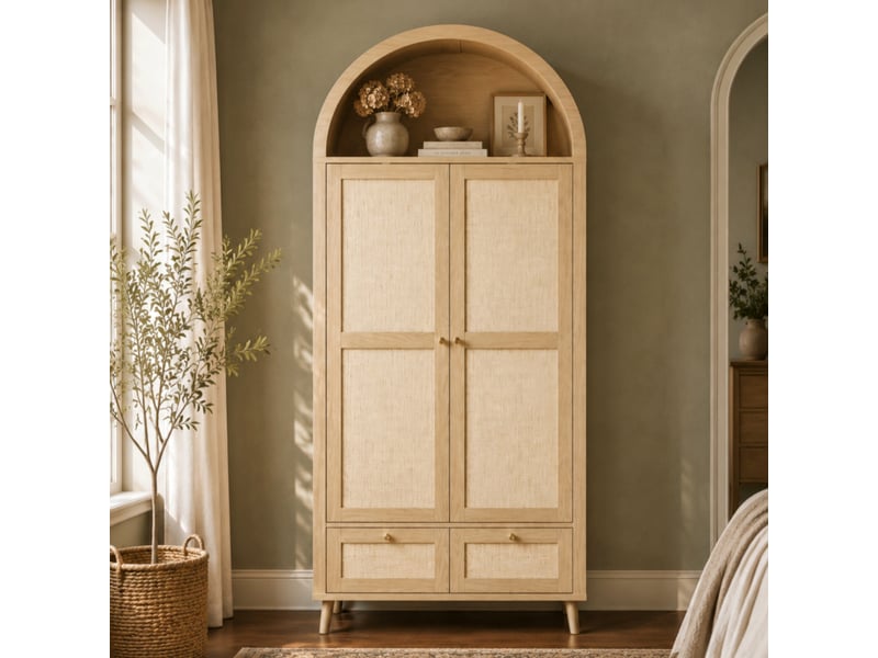  Armoire 2 portes et 2 tiroirs, hauteur 180 cm, finition chêne et rotin beige, forme arquée, tringle à vêtements et niche ouverte, tons chêne et beige  - Conforama B