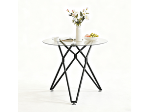 Table à manger ronde 90 cm en verre trempé avec pieds métal noirs, 1 à 4 personnes